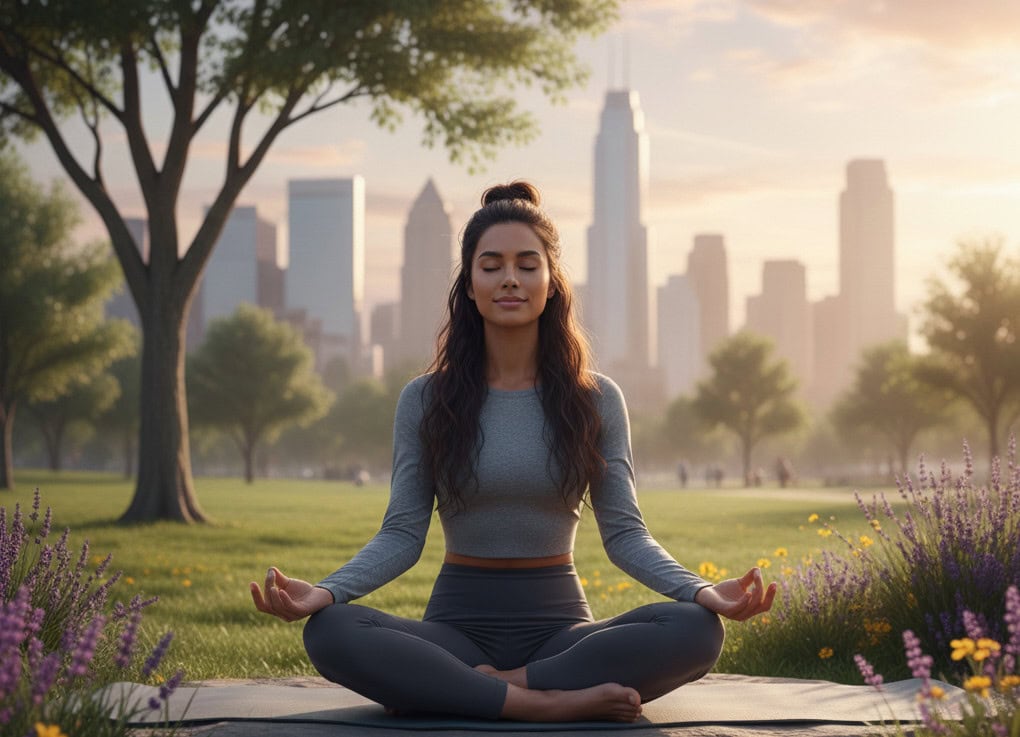 Woman meditating in a city park.