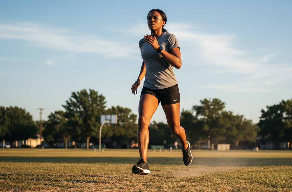 Woman jogging on a grassy field.