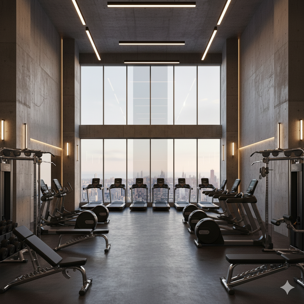 Modern gym with city skyline view