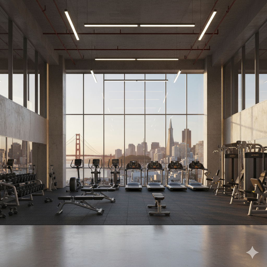 Modern gym with city skyline view