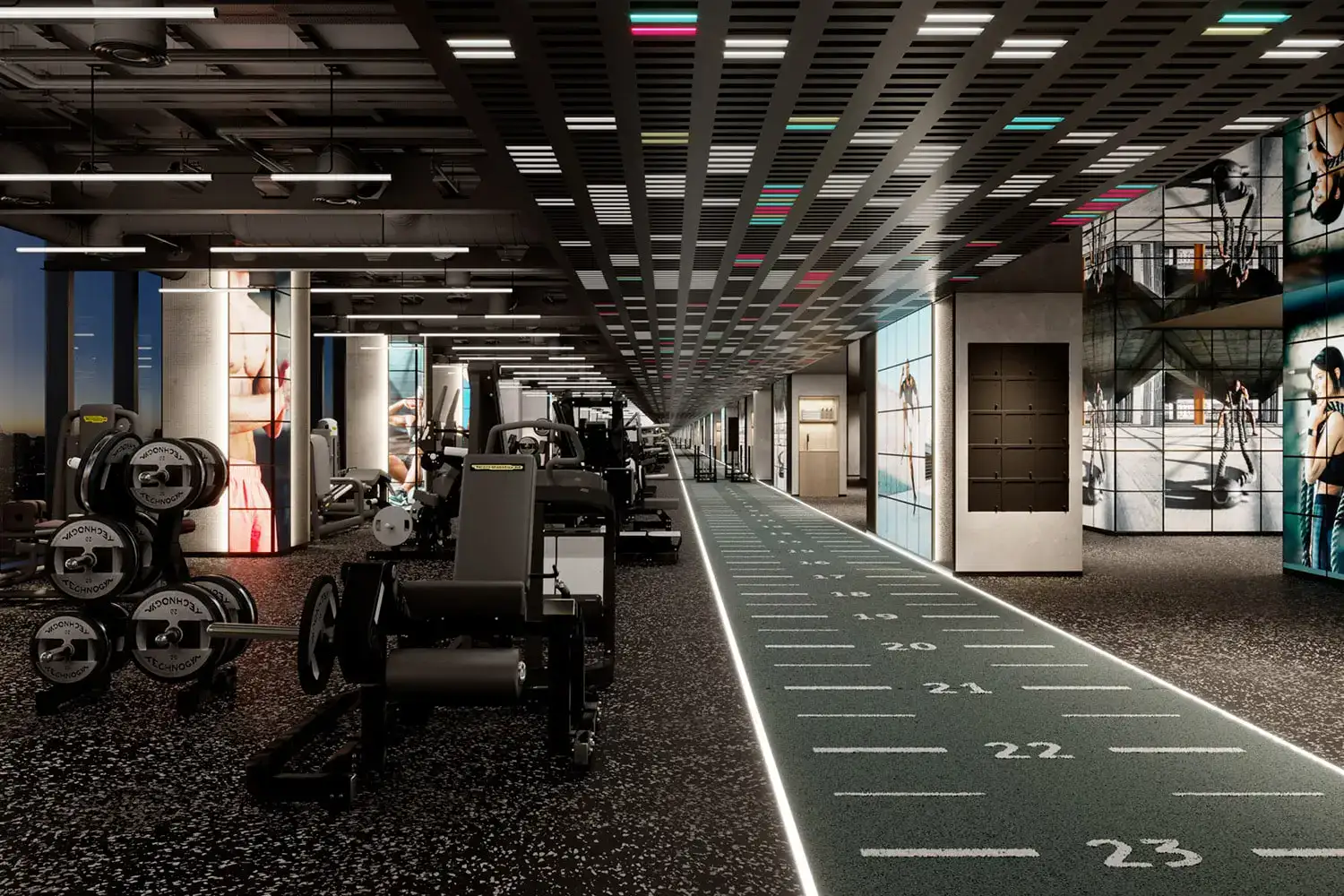 1. Modern gym interior with workout equipment, fitness area, and digital screens showcasing fitness routines and healthy lifestyle tips.