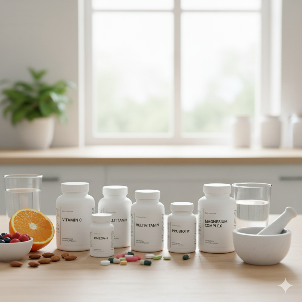 Assorted vitamins and supplements on table