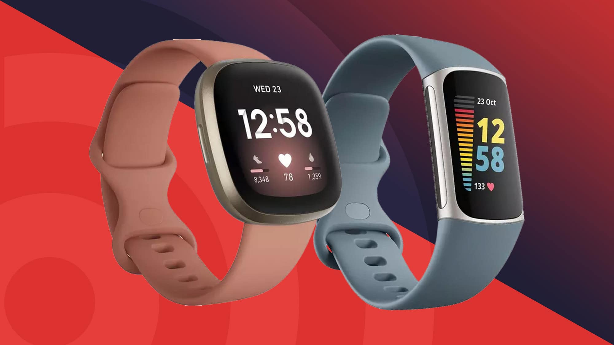 Is Fitbit HSA/FSA Eligible? Yes, Here's How! 1 Fitbit smartwatches with health tracking features on vibrant red and navy background, showcasing advanced wearable technology for fitness and health monitoring.